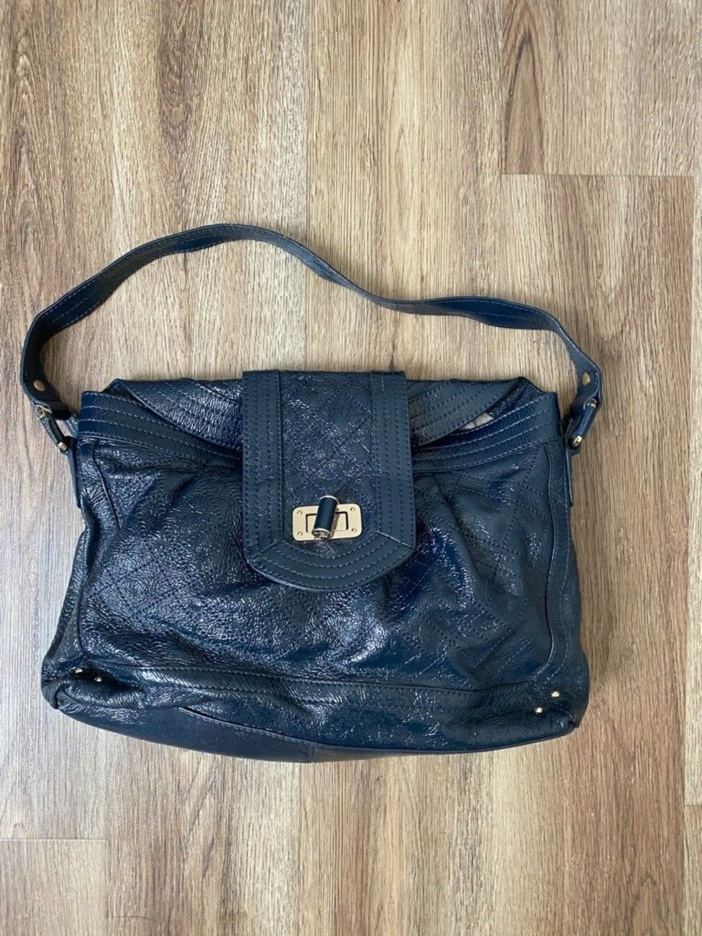 Authentic Elliott Luca Dark Blue Faux Leather Purse Shoulder Bag Wet-Look